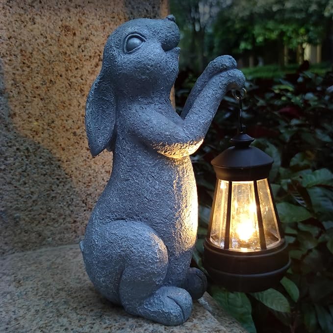 Rabbit Solar Garden Statues,Resin Rabbit Figurine Decorations with Solar Lights Lantern, Outdoor Figurines Lawn Garden Statue Decor Art for Lawn,Yard, Balcony Ornament.