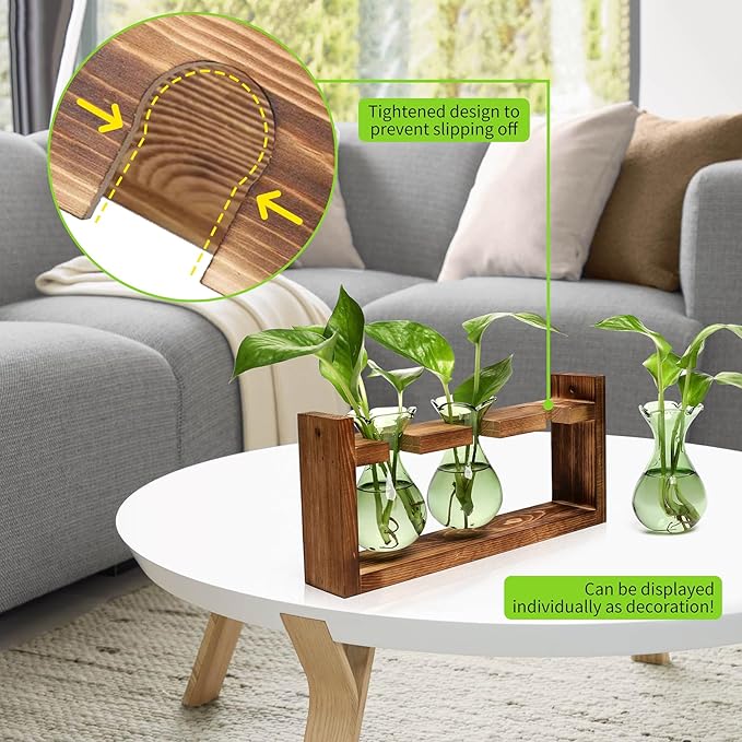 Terrarium Propagation Station, 3 Green Borosilicate Glass Bulbs, Wooden Stand