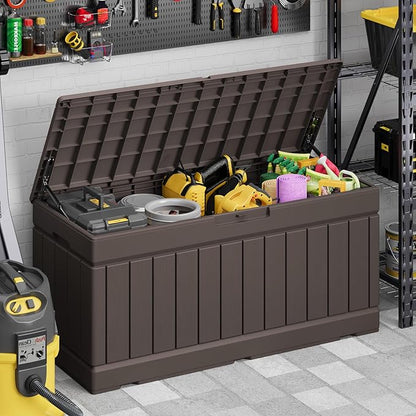Deck Box Brown Resin Outdoor Storage Bench with Lockable Lid