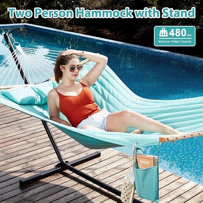 Two Person Hammock with Stand for Outside Heavy Duty, Outdoor Patio Hammock with Portable Steel Stand, Large Double Hammocks,480lbs Capacity.(Aruba)