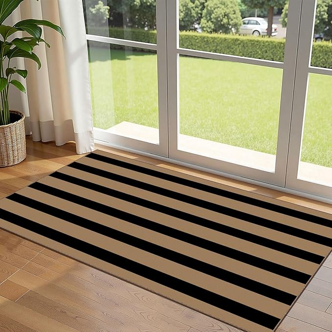 Outdoor Rug, Brown and Tan Stripe, Polyester, 2 x 4.25 Ft