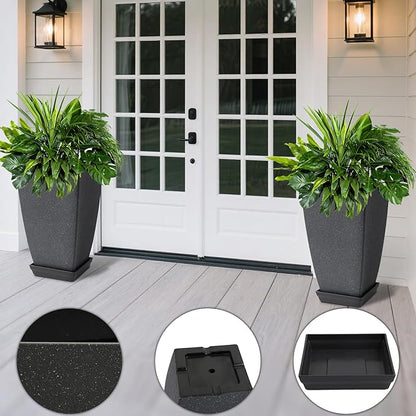 Set of 2 Tall Planter, 21 inch Large Plastic Planter with Drain Hole & Saucers, Large Outdoor Planters for Porch, Garden, Patio, Balcony(Cement Gray)