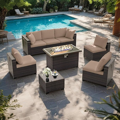 ALAULM Patio Furniture Set with Fire Pit Table 55000 BTU, Outdoor Sectional with Wide Seat and Thick Cushion, 8 Piece Wicker Rattan Conversation Set with Coffee Table for Garden, Deck, Sand