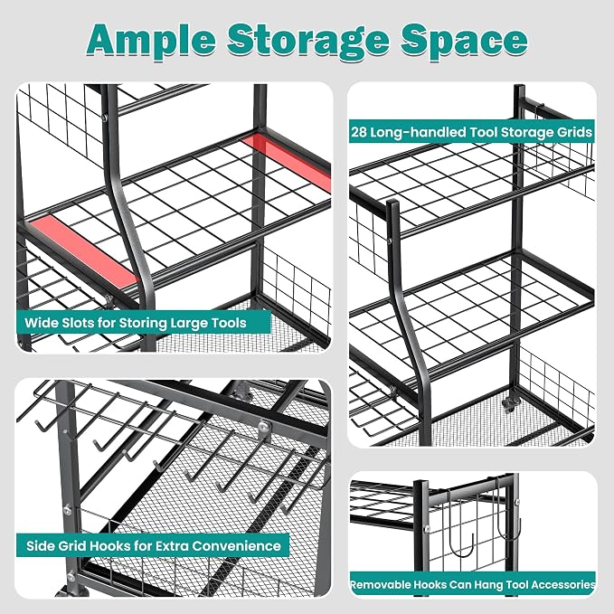 Storage Rack for Yard Tools, Black Rust-Proof Alloy Steel with Lockable Wheels