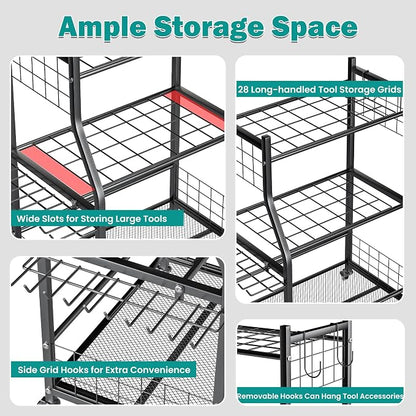 Storage Rack for Yard Tools, Black Rust-Proof Alloy Steel with Lockable Wheels