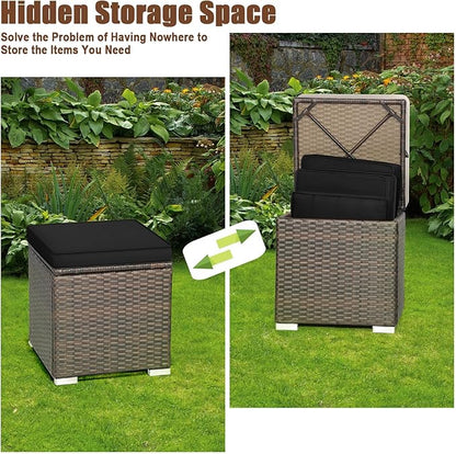 RELAX4LIFE Wicker Outdoor Storage Ottoman, 2-Piece Rattan Footstool w/Removable Cushion, Multipurpose Footrest Stool Side Table Additional Seating, Set of 2 Outdoor Ottomans for Patio Deck (Black)