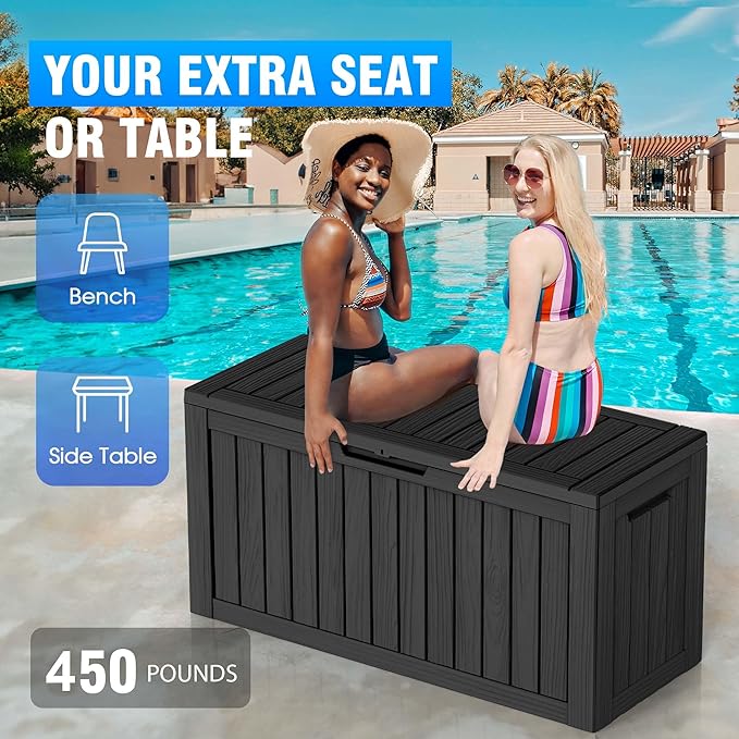 Deck Box 80 Gallon Black Resin Outdoor Storage, Lockable
