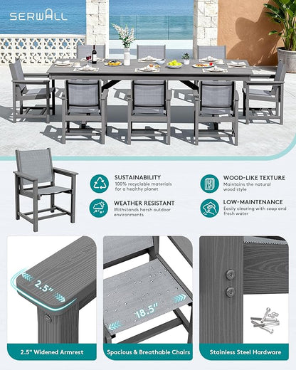 SERWALL 9 Piece Outdoor Dining Set, 84" HDPE Outdoor Large Table and Texilene Chairs for 8，All Weather Patio Dining Furniture Set with Umbrella Hole for Backyard, Garden, Gray