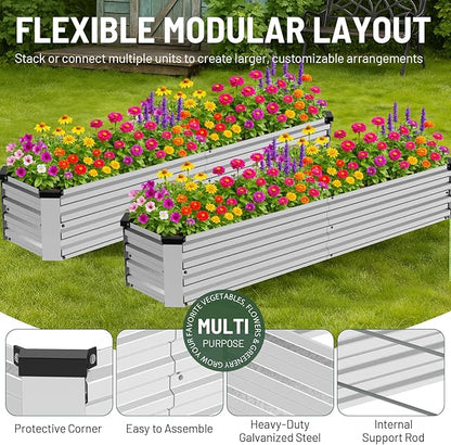 2 Pack 6x1.5x1FT Galvanized Metal Raised Garden Bed Kit for Vegetables, Herbs, Open-Bottom Large Capacity Outdoor Planter Box Gardening Stakes, Silver