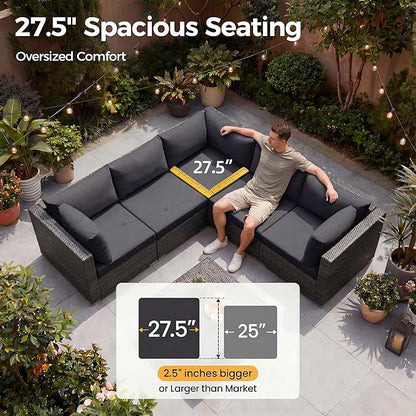 NICESOUL 9 Piece Modern Outdoor Furniture Set with Fire Pit Table, 8 Seat L-Shaped Extra Large Sectional Sofa Sets, 29.3'' High Back Comfy Modular Wicker Conversations, Natural Gas & Propane, Grey