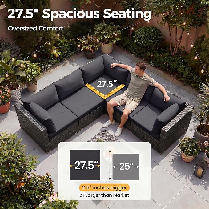 NICESOUL 13 Piece Patio Furniture Set with Fire Pit Table, Luxury Wicker Outdoor Patio Sectional with Fire Pit & Chaise Lounge, 29.3" Highback Extra Large Size Wide Deep Seating, Dark Gray