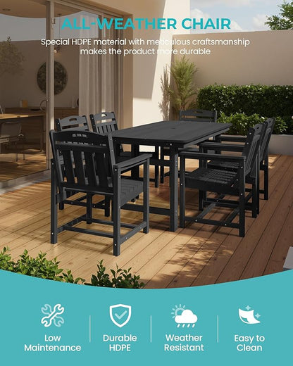 Outdoor Rectangle Dining Table, Heavy-Duty HDPE Table for 6, Weatherproof Patio Table with Umbrella Hole, Rounded Corners for Safety, Black