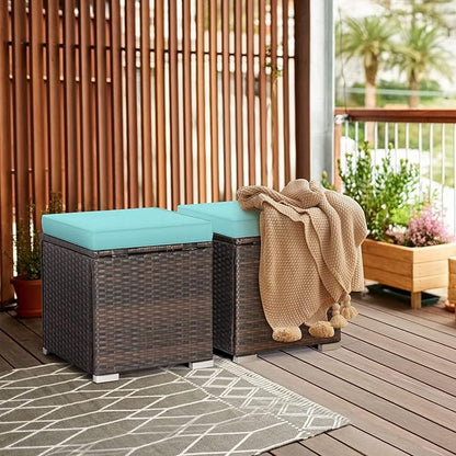 RELAX4LIFE Wicker Outdoor Storage Ottoman, 2-Piece Rattan Footstool w/Removable Cushion, Multipurpose Footrest Stool Side Table Additional Seating, Set of 2 Outdoor Ottomans for Patio Deck (Turquoise)