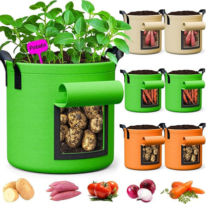 5 Gallon Potato Grow Bags - 6 Pack 350g Heavy Duty Thick Aeration Nonwoven Fabric Pots with Handles, Potatoes Grow Bags 5 Gal with Flap, Garden Bags for Growing Potatoes Plant Vegetables Flower