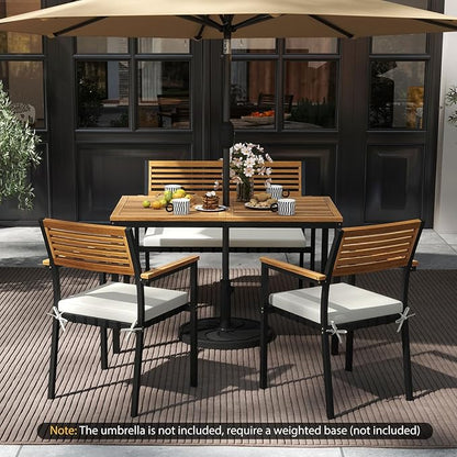 Tangkula 4 Piece Patio Dining Furniture Set, Outdoor Dining Chair Set for 4 w/Acacia Wood & Metal Frame, Umbrella Hole, 1 Table, 2 Armchairs, 1 Bench for Lawn, Garden, Backyard, Porch