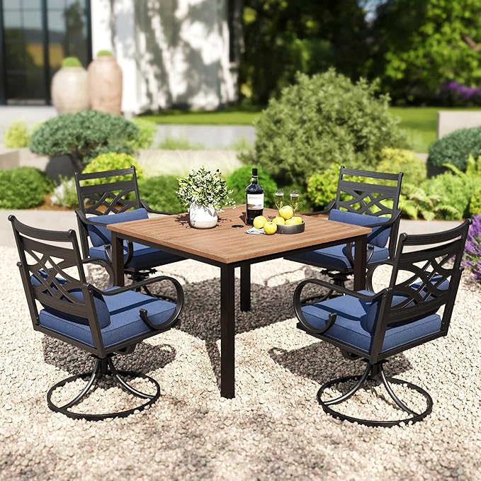 PHI VILLA 5 Pieces Outdoor Dining Set for 4, 42" Square Brown Metal Table with Umbrella Hole & Wrought Iron Swivel Chairs, Large Outside Furniture with Blue Cushions & Pillows for Patio, Deck, Porch