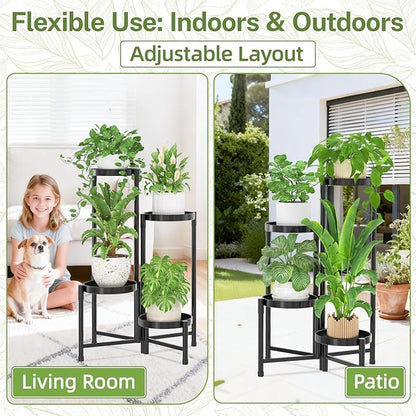 iDavosic.ly Plant Stand Indoor Outdoor, 4 Tier Corner Metal Flower Display Holder Shelf, Easy Assembly Folding Tall Orchid Rack for Patio Balcony Porch Garden Living Room House, Black