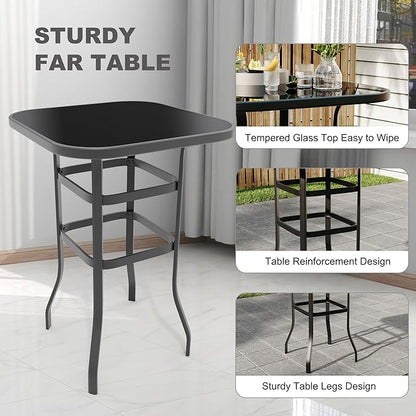 5 PCS Outdoor Bar Set with Outdoor Bistro Table and Chairs Set of 4, Bar Height Outdoor Dining Set, All Weather Mental Textilene High Swivel Bar Stools Chair Set of 4 and High Glass Bar Table