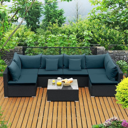 Tangkula 7 Piece Patio Furniture Set, Outdoor Wicker Sectional Sofa with Pillows and Cushions, and Coffee Table, Patio Conversation Set for Garden, Lawn (Peacock Blue)
