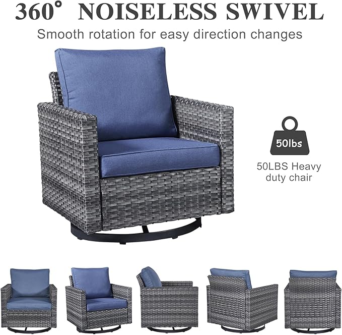 Belord Patio Conversation Set with Swivel Glider Chairs - 9 Piece Outdoor Sectional Furniture Set with Storage Box and Metal Top Table Gray Wicker/Blue Cushions