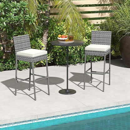 HAPPYGRILL Patio Wicker Barstools Set of 4, Outdoor Bar Height Chair w/Soft Seat Cushion & Cozy Footrest, Heavy-Duty Metal Frame, 400 lbs Max Load, Rattan Armless Bar Chairs