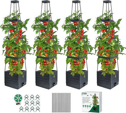 MQUPIN Tomato Planter Box with Trellis for Garden, 57 Inch Self-Watering Raised Garden Bed, Patio Tomato Cage for Climbing Vegetables & Flowers, Upgraded Tomato Pot for Indoor Outdoor Use (4 Pack)