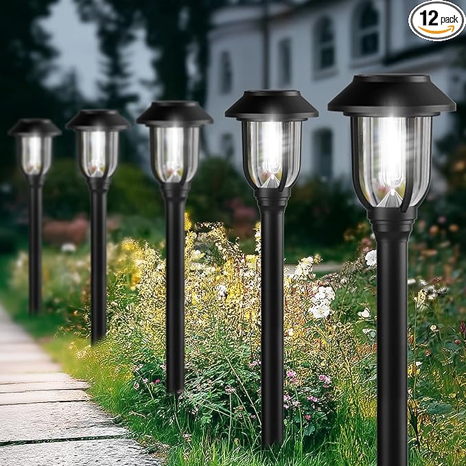 12 Pack Solar Lights Outdoor, 6000K Bright Solar Pathway Lights for Outside, Auto On/Off Waterproof Solar Powered,Landscape Lighting for Walkway, Yard, Path, Driveway, Garden