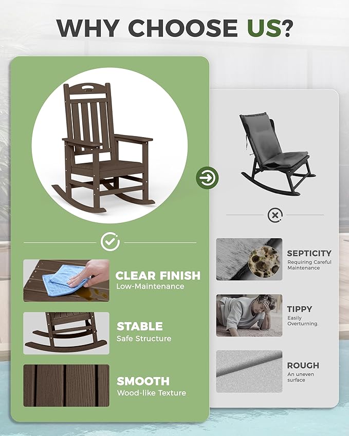 Outdoor Rocking Chair, Brown, 30-Inch High Back, 380 lb Capacity