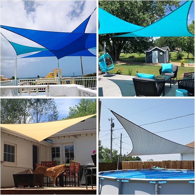 Patio Paradise 17' x 17' x 17' Sun Shade Sail Triangle Canopy Shade Cloth Fabric Sunlight Block Patio Pergola Cover HDPE Deck Awning for Outdoor Backyard Roof Shading, Beige White Strip