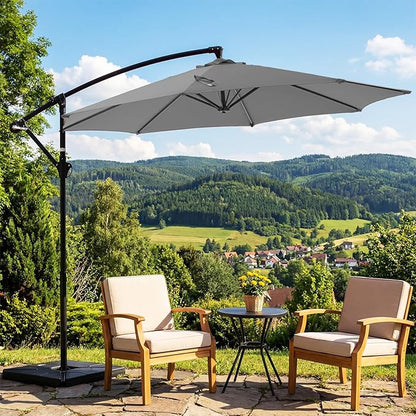 OLIXIS 9.7FT Offset Patio Umbrella with Base, Cantilever Table Umbrellas for Outdoor Sun Shade UV Protection with Easy Tilt Adjustment, 8 Ribs for Backyard, Lawn, Garden, Pool - Grey