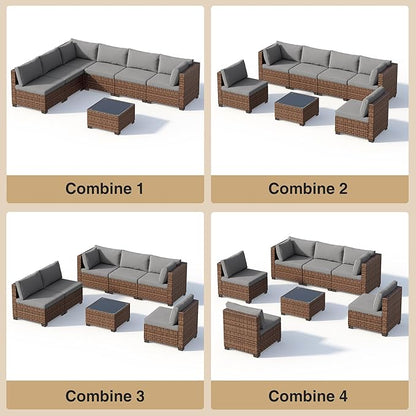 7 Pieces Patio Furniture Set, Outdoor Sectional Rattan Sofa Set, Wicker Patio Conversation Set with Cushions and Glass Coffee Table, for Balcony, Porch, Garden, Grey