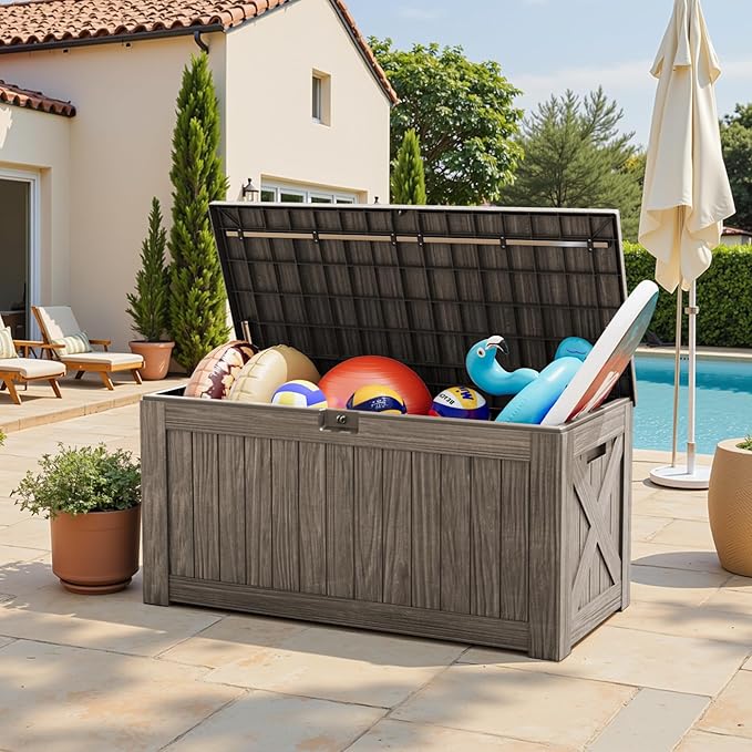 Deck Box, 120 Gallon Outdoor Storage Bin with Lid in Coffee Finish