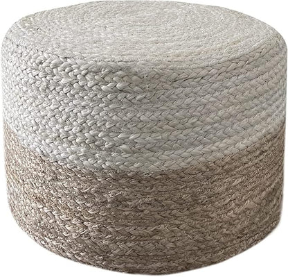 Scandilivin Homes Pouf Ottoman - 100% Jute Braided Footrest Pouf Hand Knitted Traditional Cord Boho Pouffe for Living Room, Bedroom, Nursery, Patio, Lounge Colorblock - Natural Ivory (20”x20”x10”)