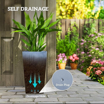 Outsunny Tall Planters for Outdoor Plants Set of 3, 24 in Taper Planters with Drainage Holes, Rattan Decor Plant Pots for Indoor Outdoor Front Porch Patio Backyard, Light Gray