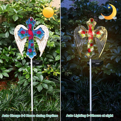 YJFWAL Cardinal Bird&Rose Cross Garden Stake Light, Solar Glass Cross for Cemetery Grave, Easter Cross Angel Wings Sympathy Memorial Gifts, Garden Lawn Yard Patio Decor