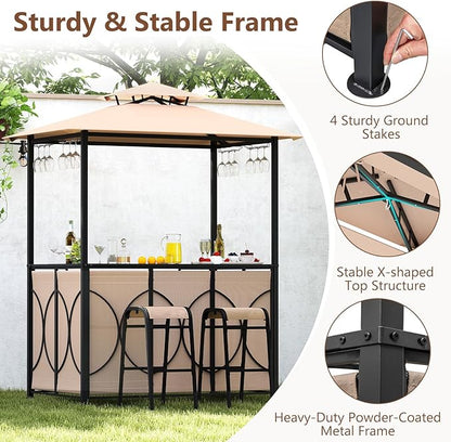 Tangkula 3-Piece Patio Bar Set, Grill Gazebo & 2 Bar Stools with Tempered Glass Bar Table, Metal Storage Shelves, Glass Holders, Double-Tier Soft Top Canopy BBQ Gazebo Shelter for Patio Garden (Brown)