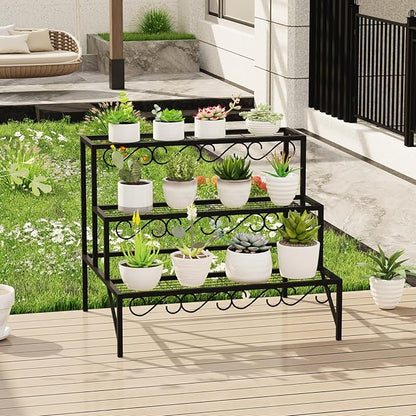 3 Tier Metal Plant Stand Outdoor Indoor, Heavy Duty Flower Pot Holder Display Shelf,Multifunctional storage rack for Patio Garden Livingroom Bedroom,Black