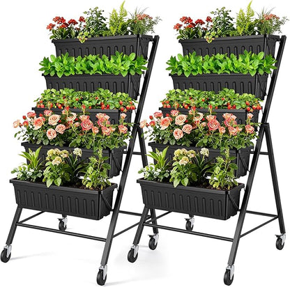 SEJOV 2 Pack Vertical Raised Garden Bed, 5-Tier Vertical Garden Planter with Drainage System, Larger Elevated Planter Box for Herbs Vegetables Flowers Indoor Outdoor (Black with Lockable Wheels