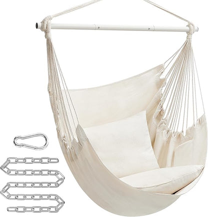 SONGMICS Hammock Chair, Load Capacity 500 lb, Hanging Chair with 2 Cushions, Large Hammock Swing with Chain and Pocket, for Indoor, Outdoor, Living Room, Bedroom, Cream White UGDC197M01