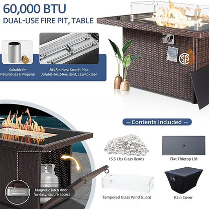 NICESOUL 29.3'' High Back Patio Set with Firepit Propane & Natural Gas, 7 Piece Oversized Large Wicker Outdoor Sectional Couche Sets, Heavy Duty Backyard Furniture, Brown Rattan and Black Cushion