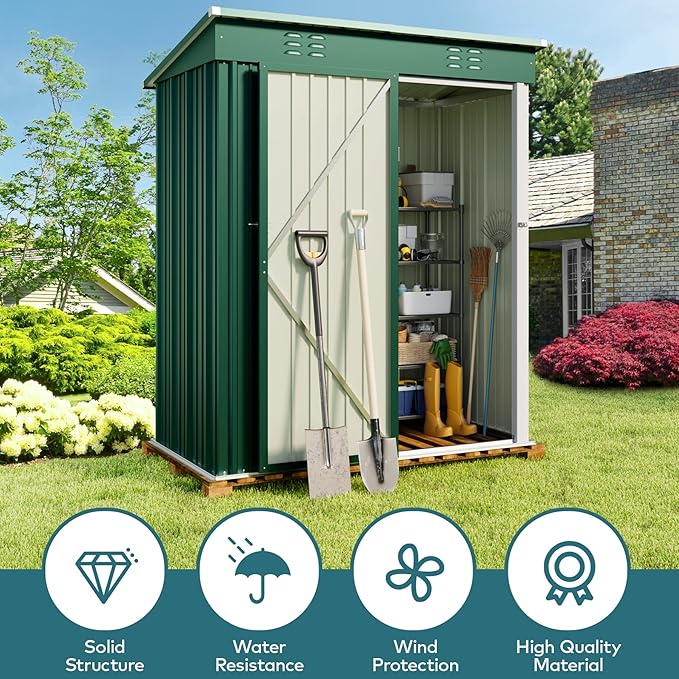 Storage Shed, 5 x 3 ft Galvanized Steel with Lockable Door, Green