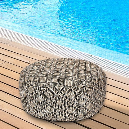 Woven Inflatable Ottoman D21”x H10” Outdoor Indoor Pouf Patio Footrest Stool with Portable Handle, Round Ottoman for Patio Garden, Camping, Bedroom, Living Room