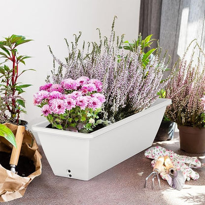 8 Pack 24 Inch Window Planter Box, White Large Plastic Rectangle Flower Planter Boxes with Water Absorbing Net Indoor and Outdoor Flower Pots for Windowsill, Balcony, Patio, Porch (White, 24 Inch)