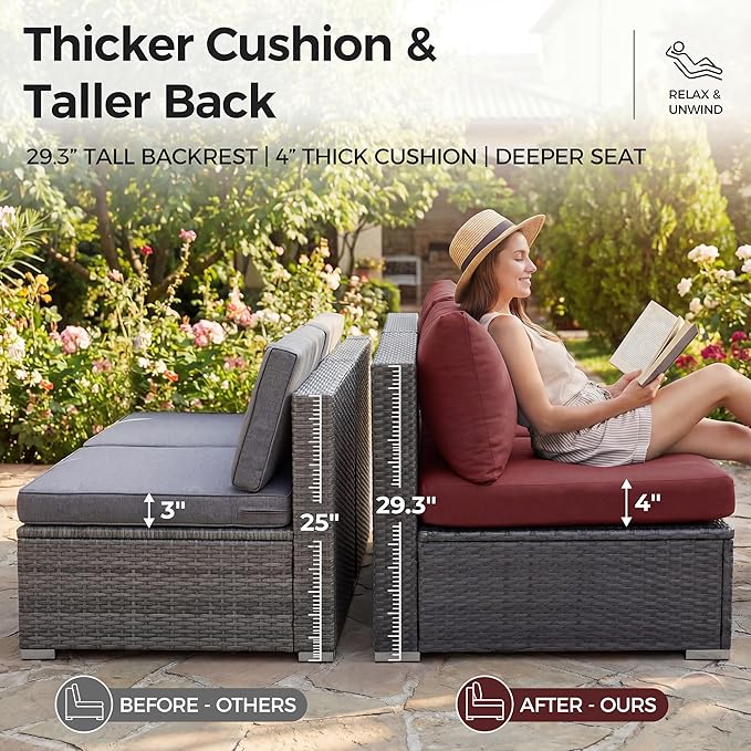 NICESOUL 13 Piece Large Outdoor Sectional with Fire Pit Table, 29.3'' High Back Patio Furniture with Fire Pit Table & Chaise Lounge, Big Deep 10-Seater for Garden, Grey Wicker & Burgundy Cushion