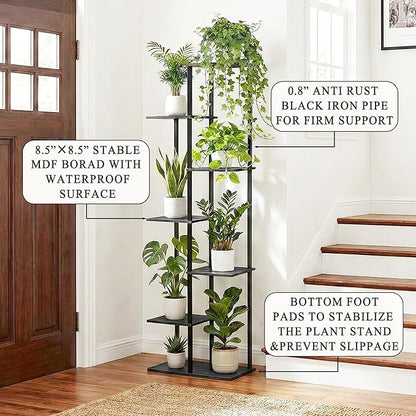 Plant Stand Indoor 7 Tier 8 Potted Metal Wood Plant Shelf, Multiple Flower Pots Corner Tall Plant Holder Stands for Living Room Balcony Bedroom, Black