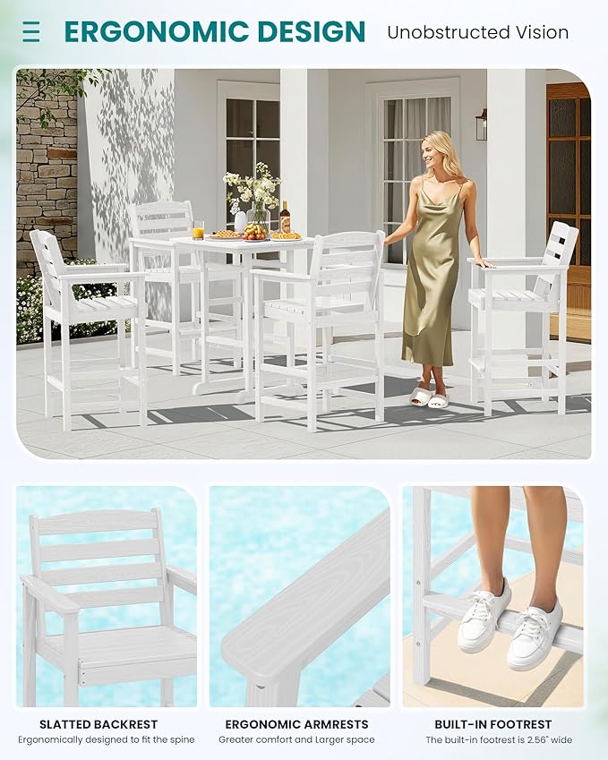 SERWALL 5 Pieces Adirondack Bar Chairs Set, HDPE Adirondack Barstools Chairs with Bar Pub Table, Outdoor Patio Bar Furniture Set for Bistro, Balcony, Poolside, Garden, White