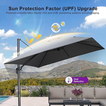 PURPLE LEAF Patio Umbrella 10' X 10' Rectangle Cantilever Umbrella Large Aluminum Outdoor Umbrellas with 360-degree Rotation & UPF40+ Premium Fabric for Deck Pool Garden Yard, Mist Grey