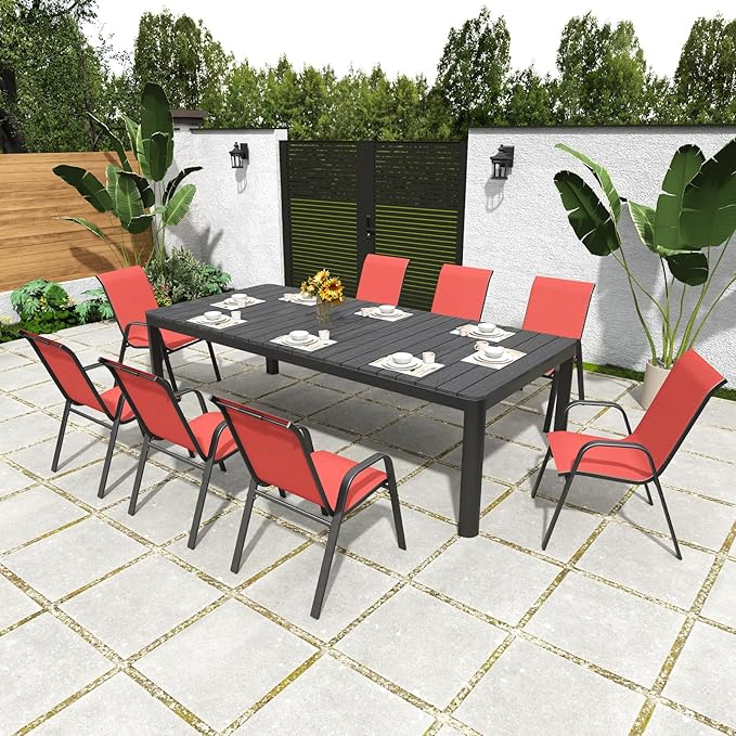 Patio Dining Chairs, Stackable Set of 4 in Red with Steel Frame