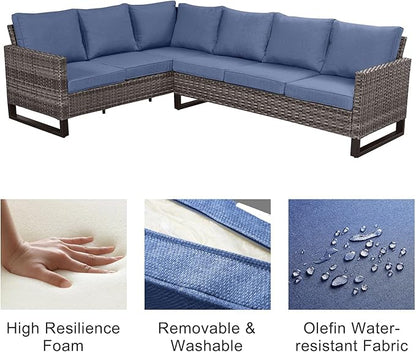 Belord Outdoor Sectional Sofa 6 Seater L Shaped Couch Wicker Patio Conversation Furniture Set with Tree-Grain Finish Metal Dining Table, Rattan Outdoor Furniture with Removable Washable Cushion Blue