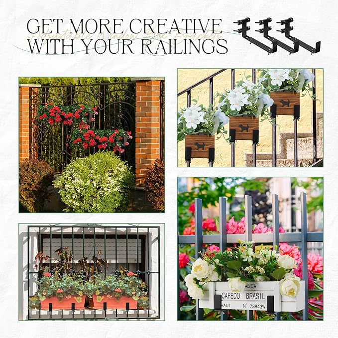 6 Pcs Window Box Brackets Adjustable Planter Box Brackets Heavy Duty Deck Railing Planter Flower Holder for Railing Patio Garden Fence Balcony Outdoor